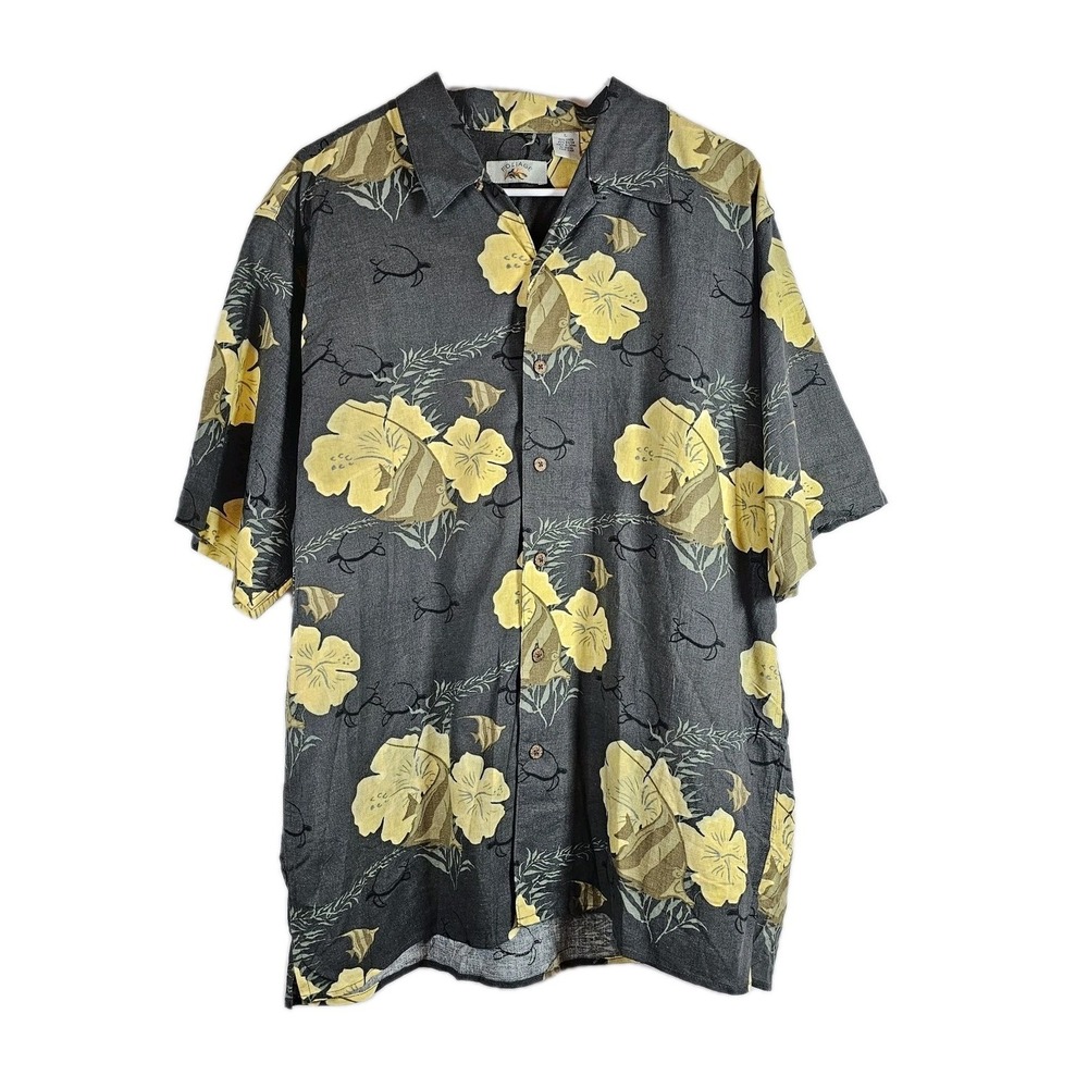 VTG Foliage Mens Linen Blend Shirt Sz Large Hawaiian Button-Up Short Sleeve Gray